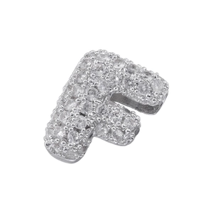 Macro detail of silver bubble letter F pendant with clear cubic zirconia micro-paving