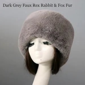 Detail of dark grey faux fur winter hat showing thick plush texture and soft material