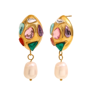 Orecchini in acciaio inossidabile placcato oro 18K con strass colorati e perle