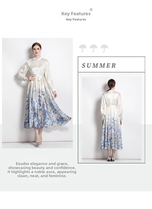 Detailed front and back view of floral satin dress with high collar and lantern sleeves
