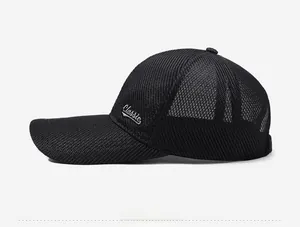 Detail of black mesh baseball cap with Classic embroidery and breathable fabric