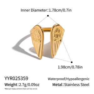 Detail of 18K gold plated stainless steel angel wing ring showing inner diameter dimensions