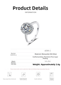 Detailed chart showing 925 sterling silver moissanite ring specifications and jewelry care
