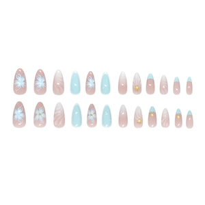 Blue sea floral press-on nails with 3D starfish and bubble designs in a 24-piece set