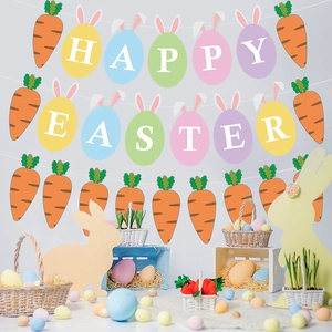 Colorful Happy Easter banner with macaron eggs and carrots in a festive setting