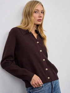 Elegant dark brown rib-knit cardigan with lapel collar and golden buttons for women