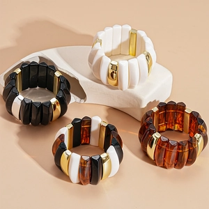 Vintage Chunky Acrylic Resin Stretch Bracelet Exaggerated Geometric Wide Bangle Gold Metal Retro Jewelry For Women