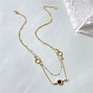 Double Layer Stainless Steel Necklace Women Double Sided Roman Numeral Pendant Zircon Hollow Circle Elegant Jewelry