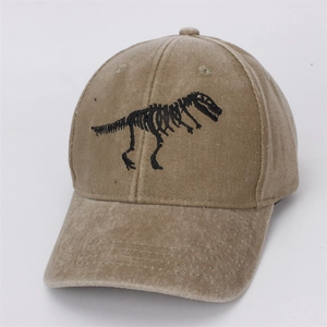 Detail shot of vintage khaki kids baseball cap with dinosaur skeleton embroidery