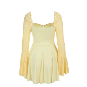 Close-up of yellow bodycon dress with square neck and lace sleeves from the back view