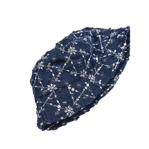 Kids denim bucket hat in dark blue with silver sequins and embroidered snowflakes