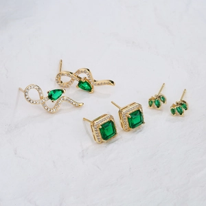 Green Zircon Stud Earrings Copper 18K Gold Plated Snake Square Geometric Style Fashion Jewelry For Women