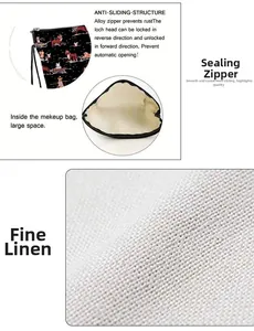 Detail view of large capacity makeup bag with durable linen fabric and zipper closure