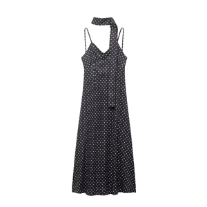 Damen Polka Dot Slip Maxi Kleid Sexy Rückenfrei V Ausschnitt Spaghettiträger Polyester Kleid Mit Passendem Schal