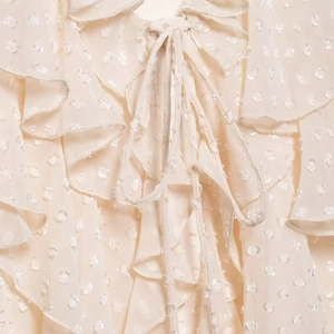 Elegant beige swiss dot chiffon blouse with ruffle neckline and tie-up design for women