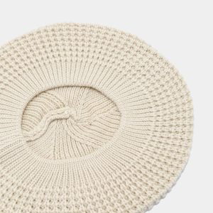 Retro cream white knitted beret hat featuring elegant waffle texture and ribbed knit design