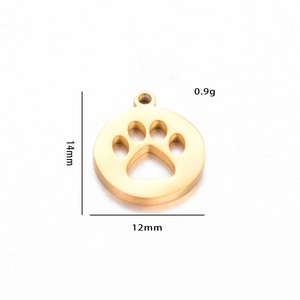 Detailed view of golden paw print charm with LOVE cutout, dimensions 14mm by 12mm