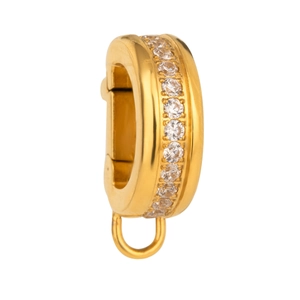 Golden stainless steel bikini connector with sparkling zircons seen from a 45-degree angle
