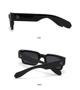 Detail view of black rectangular sunglasses showing side and back temple rivet design