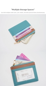 Detail of slim RFID blocking card holder with multi-color leather slots and zipper pocket