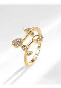 Detail of gold open ring featuring zircon-encrusted tulip vine and floral leaf design