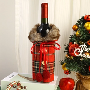 Christmas wine bottle cover with red plaid pattern, faux fur collar and silk ribbon bow