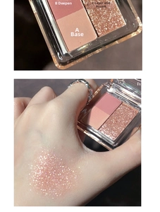 Detailed swatches of 3-color eyeshadow palette with matte and shimmer glitter finishes