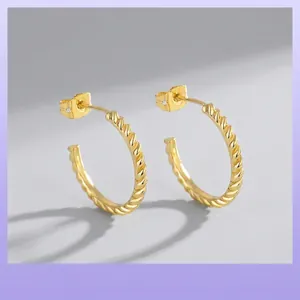 Twisted Spiral C-Shaped Hoop Earrings For Women Copper Gold Plated With 925 Sterling Silver Post Geometric Fashion Jewelry