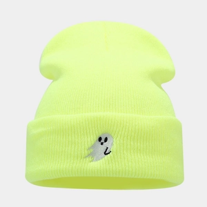 Fluorescent knit beanie with ghost embroidery for Halloween street fashion style
