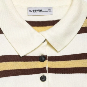 Striped knit polo shirt featuring a classic collar and contrast buttons in white and brown