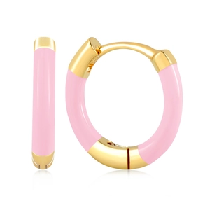 Detailed macro view of gold huggie earrings with premium pink enamel finish on white base