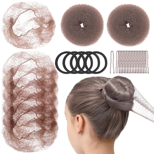 Hair bun maker kit with brown donuts, hair nets, elastics, and metal U-shaped pins