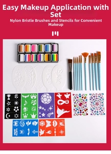 12-color water-soluble face and body paint kit with 10 brushes and stencil templates