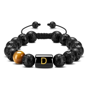 Close-up of handmade 10mm lava stone and tiger eye bead bracelet with letter D charm