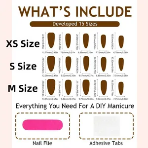 Detailed size chart for almond press-on nails in XS, S, and M with mm and inch measurements