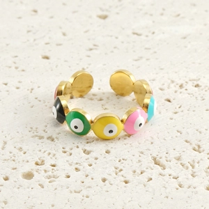 Adjustable 18K gold-plated stainless steel ring with colorful evil eye enamel design