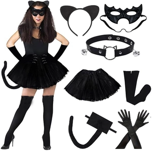 Black cat girl costume set with cat ear headband, lace mask, tutu skirt and long gloves