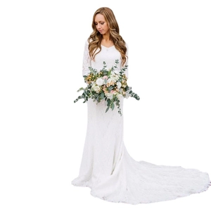 Elegant white lace long sleeve mermaid wedding dress with V-neck and court train