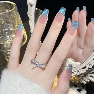 Press On Nails Long Coffin Shape Blue Ice Translucent Cat Eye Gradient Aurora Effect Shimmer False Nails For Women