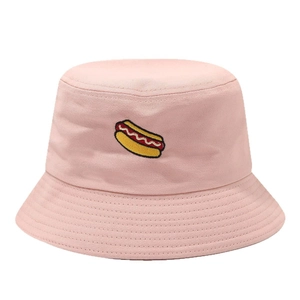 Pink cotton bucket hat featuring hot dog embroidery and casual outdoor sun protection style