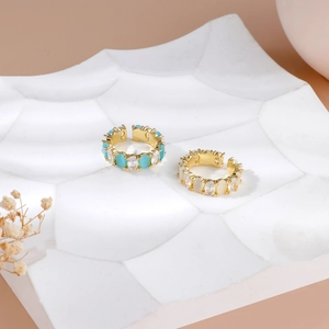 Elegant gold-plated open rings with turquoise and opal stones with cubic zirconia