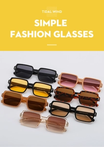 Flat lay of retro square sunglasses in seven colors with decorative rice nail accents