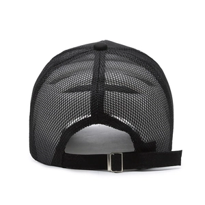 Rear view of black breathable mesh trucker hat with adjustable metal buckle strap