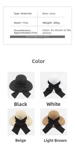 Size guide for wide brim straw hat with dimensions and bow detail color options