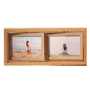 Rotating double-sided wooden photo frame with natural finish and dual swivel displays