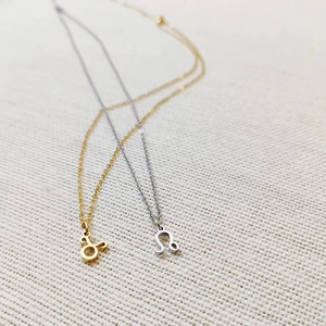 Detail of minimalist stainless steel zodiac necklaces in gold and silver finishes
