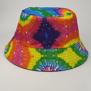 Detailed view of the vibrant tie-dye pattern on a retro cotton fisherman bucket hat