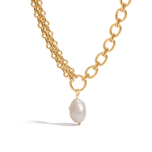 Collier Pendentif Künstliche Perle Baroque Acier Inoxydable Plaqué Or 18K Chaîne Multi Couche Asymétrique Bijoux Élégants Femmes
