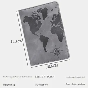 Grey PU leather world map passport holder with RFID blocking and elastic strap closure