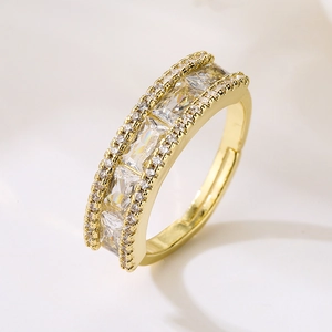 Elegant gold layered open ring with sparkling rectangular and round cubic zirconia crystals
